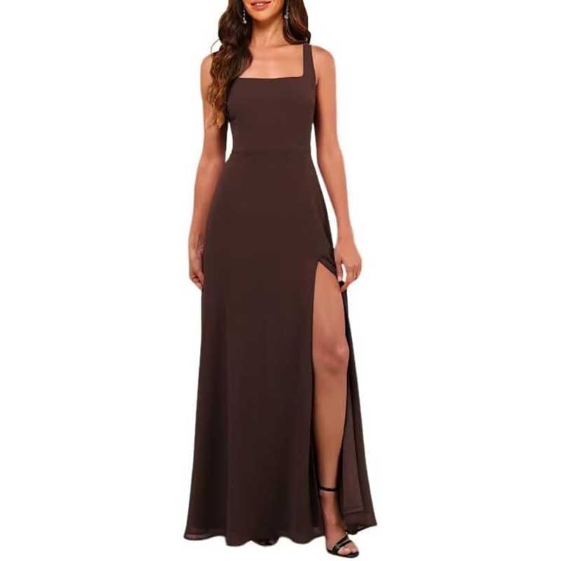 Elegant brown chiffon bridesmaid dress with high split and square neckline for formal occasions