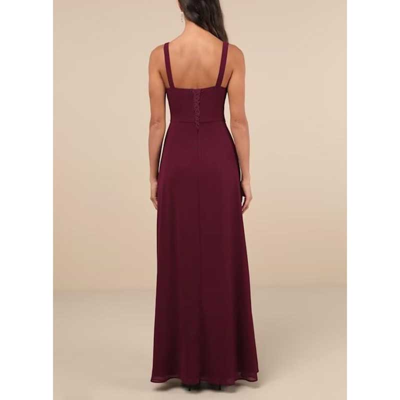Back view of a sleeveless burgundy chiffon bridesmaid dress with high split and square neckline