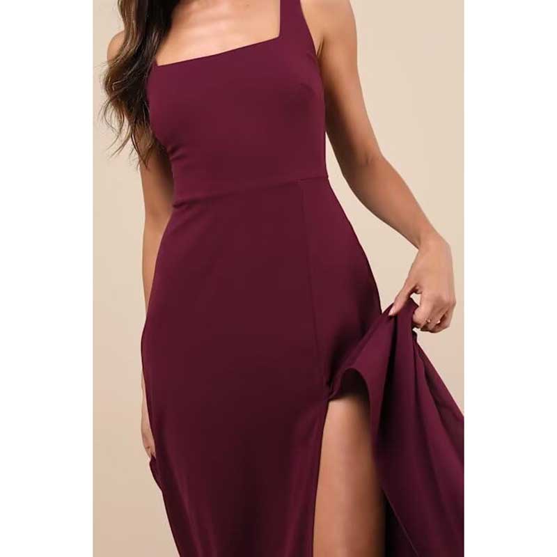 Elegant burgundy chiffon bridesmaid dress with high split and square neckline sleeveless design