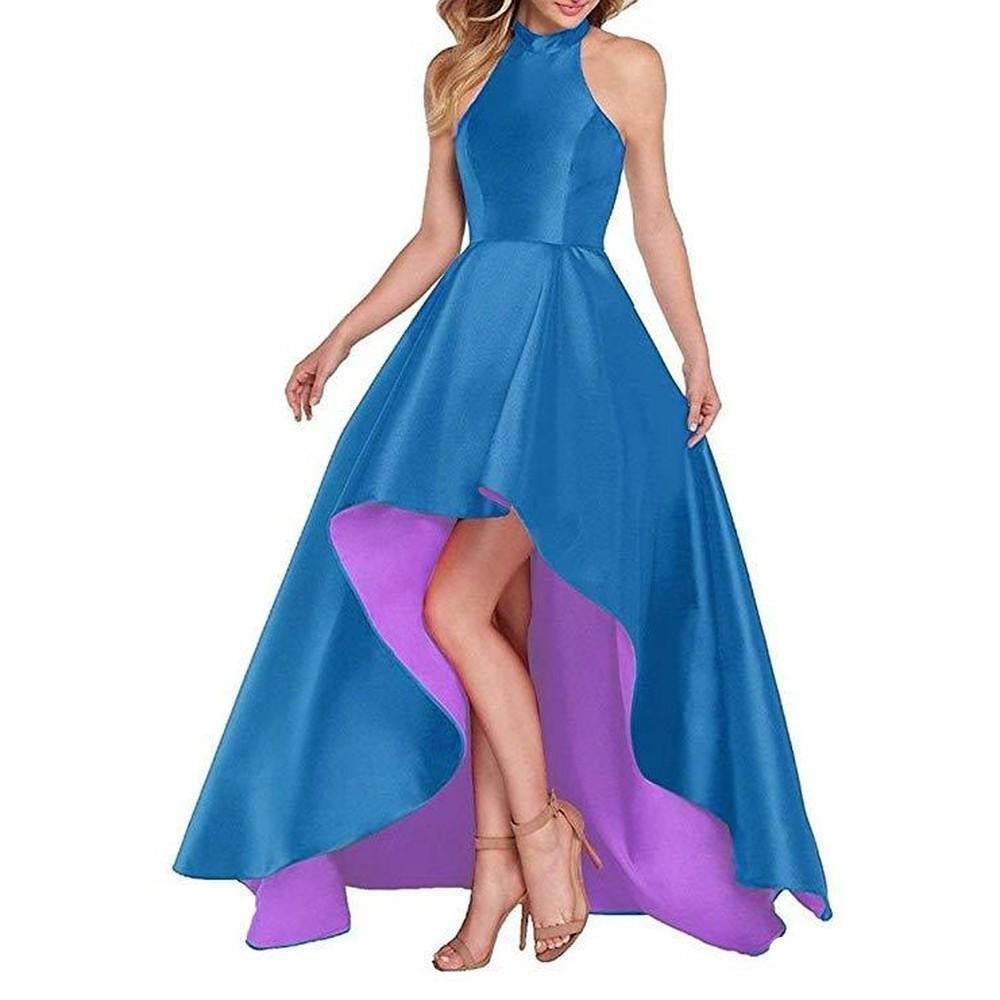 High Low Satin Prom Dress Halter Wedding Guest Dress Party Ball Gown