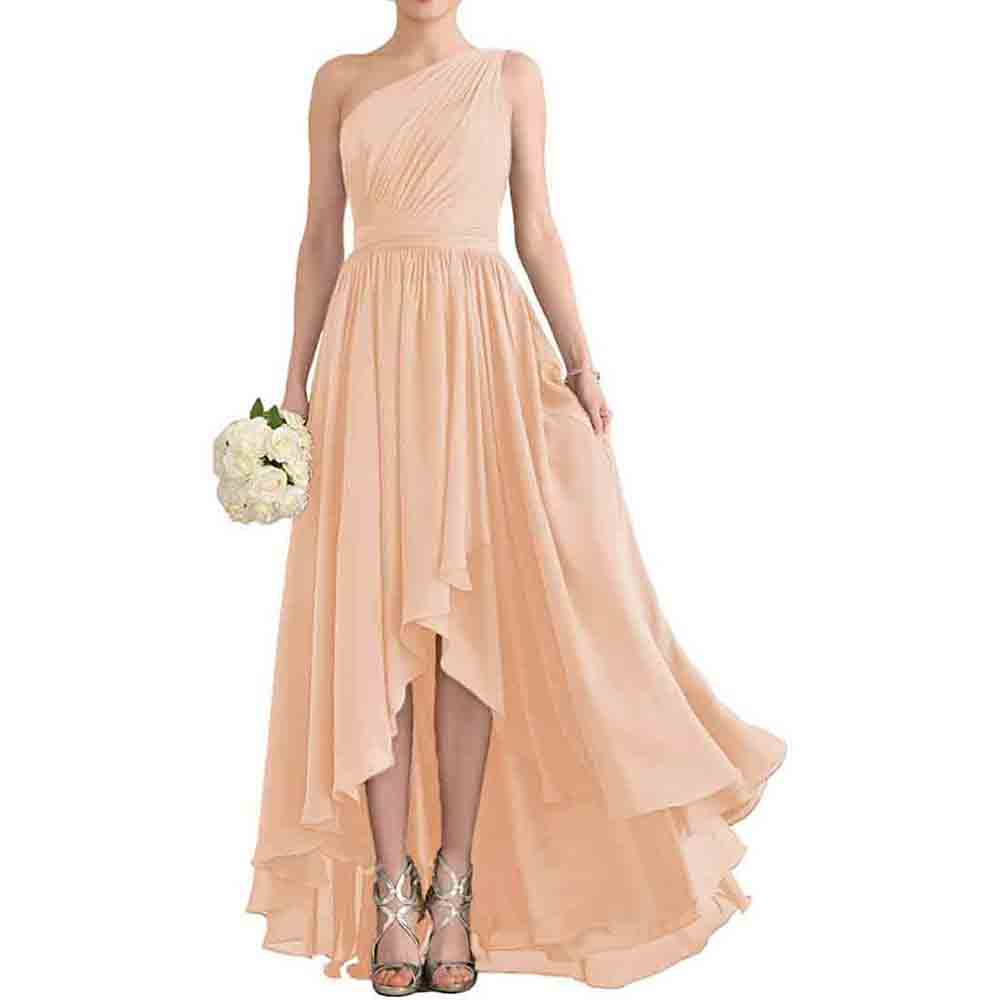 One Shoulder Bridesmaid Dresses High Low Chiffon Evening Formal Gown