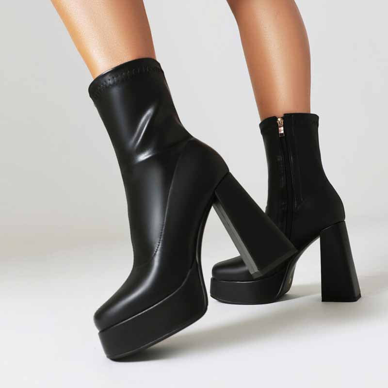 Black platform chunky heeled boots for women with side zipper and sleek design