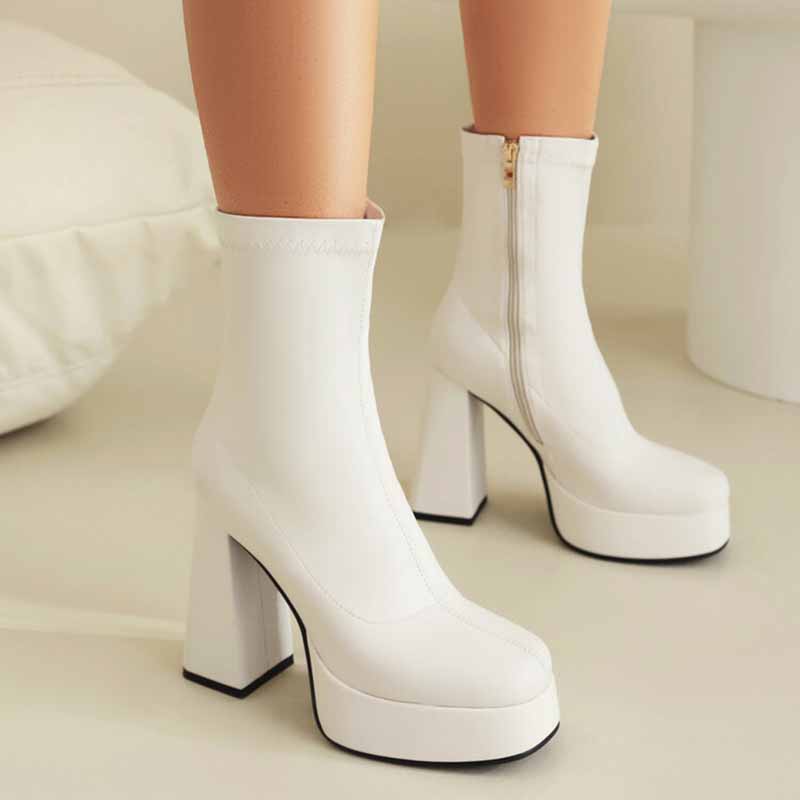 White chunky heeled boots for women with side zipper and platform sole