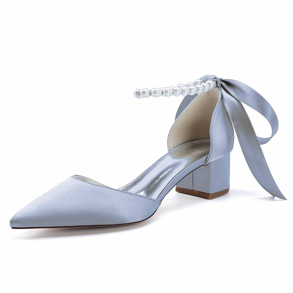 Satin Chunky Heel Closed Toe Dress Heels Lace-Up Pearls Bridal Shoes