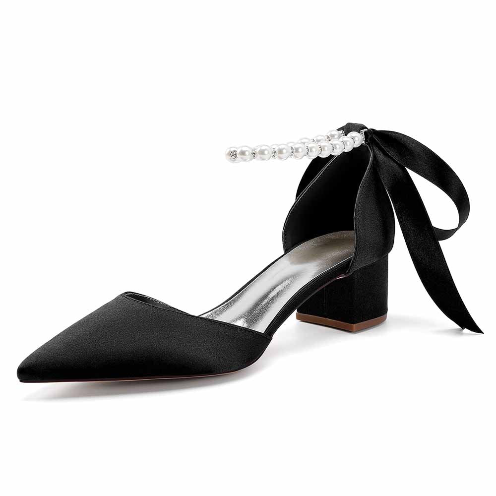 Satin Chunky Heel Closed Toe Dress Heels Lace-Up Pearls Bridal Shoes