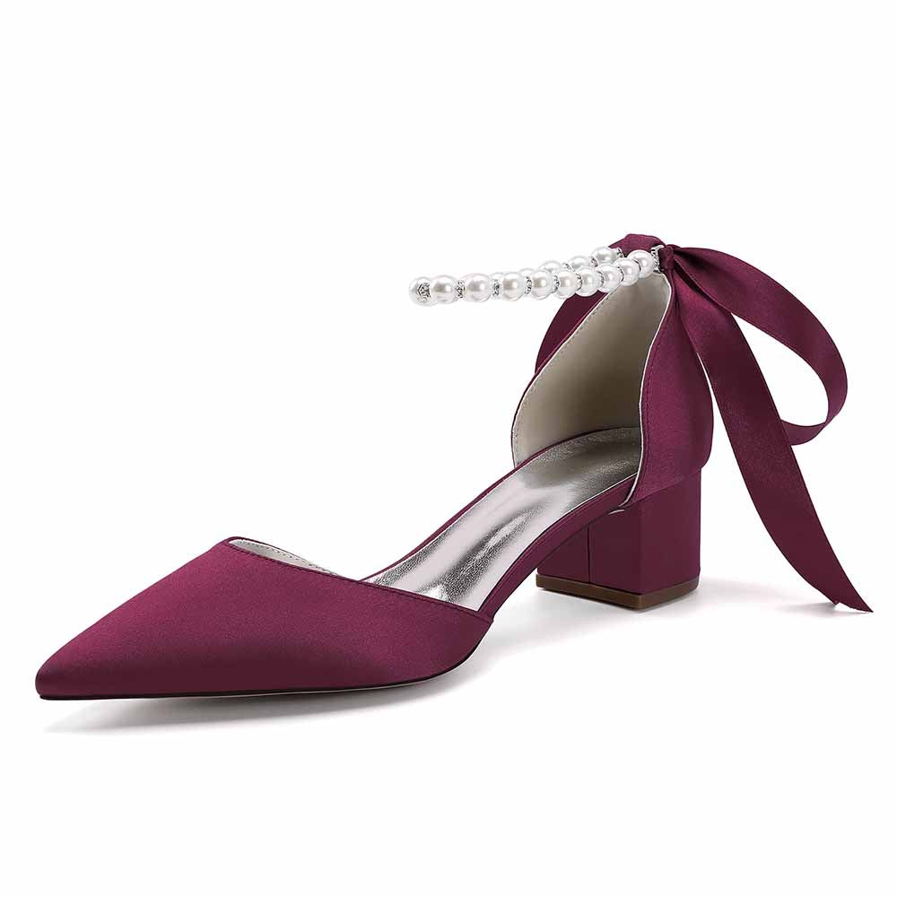 Satin Chunky Heel Closed Toe Dress Heels Lace-Up Pearls Bridal Shoes