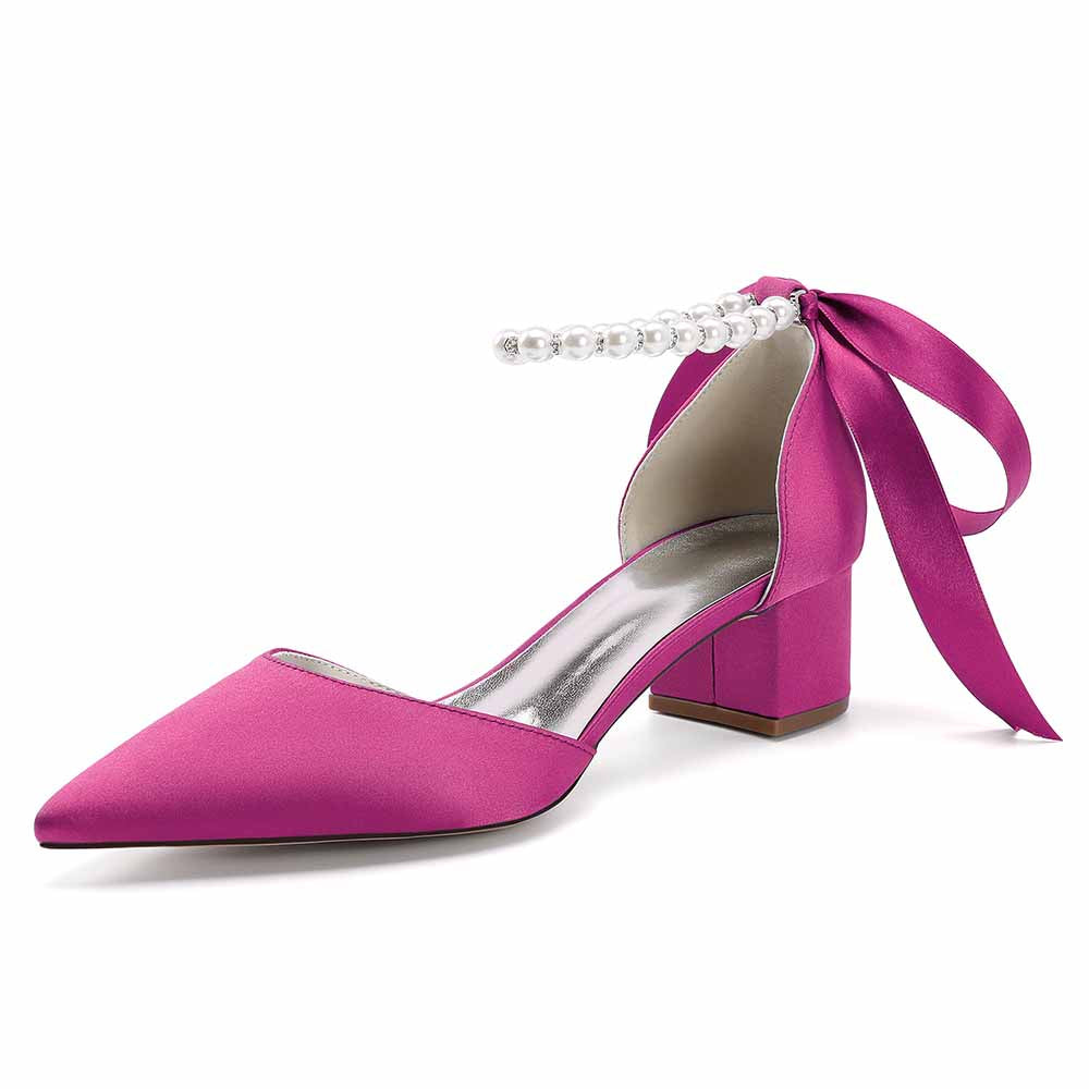 Satin Chunky Heel Closed Toe Dress Heels Lace-Up Pearls Bridal Shoes