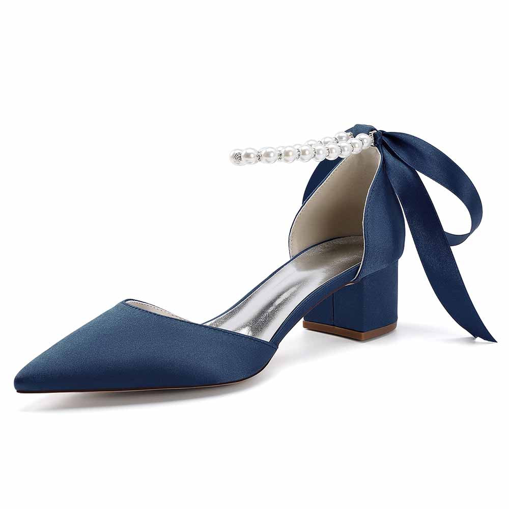 Satin Chunky Heel Closed Toe Dress Heels Lace-Up Pearls Bridal Shoes