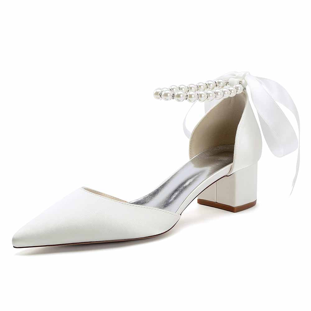 Satin Chunky Heel Closed Toe Dress Heels Lace-Up Pearls Bridal Shoes