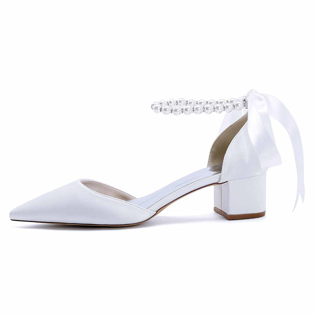 Satin Chunky Heel Closed Toe Dress Heels Lace-Up Pearls Bridal Shoes
