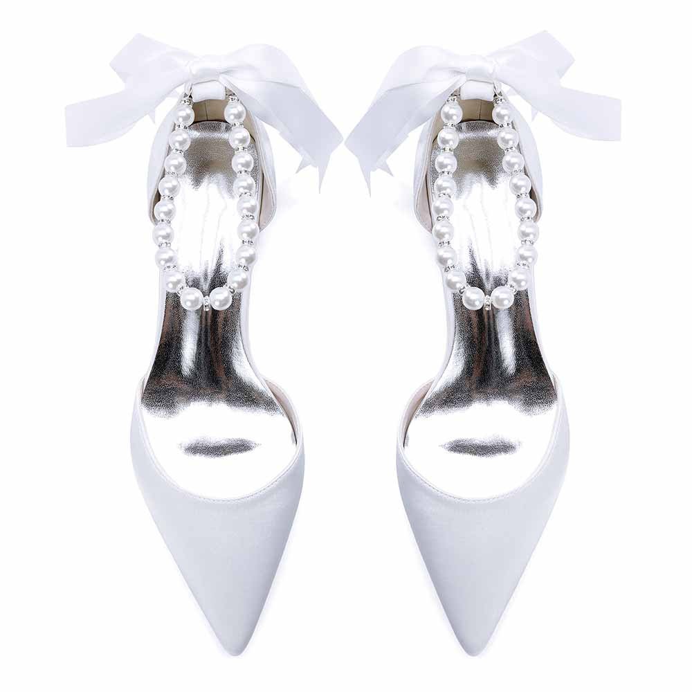 Satin Chunky Heel Closed Toe Dress Heels Lace-Up Pearls Bridal Shoes