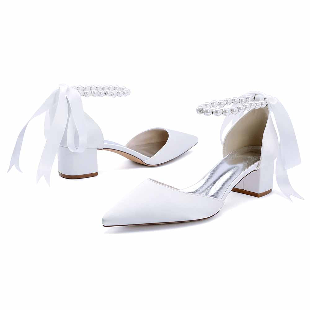 Satin Chunky Heel Closed Toe Dress Heels Lace-Up Pearls Bridal Shoes