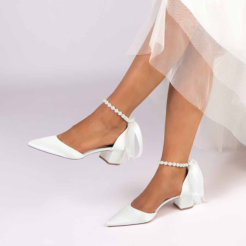 Satin Chunky Heel Closed Toe Dress Heels Lace-Up Pearls Bridal Shoes