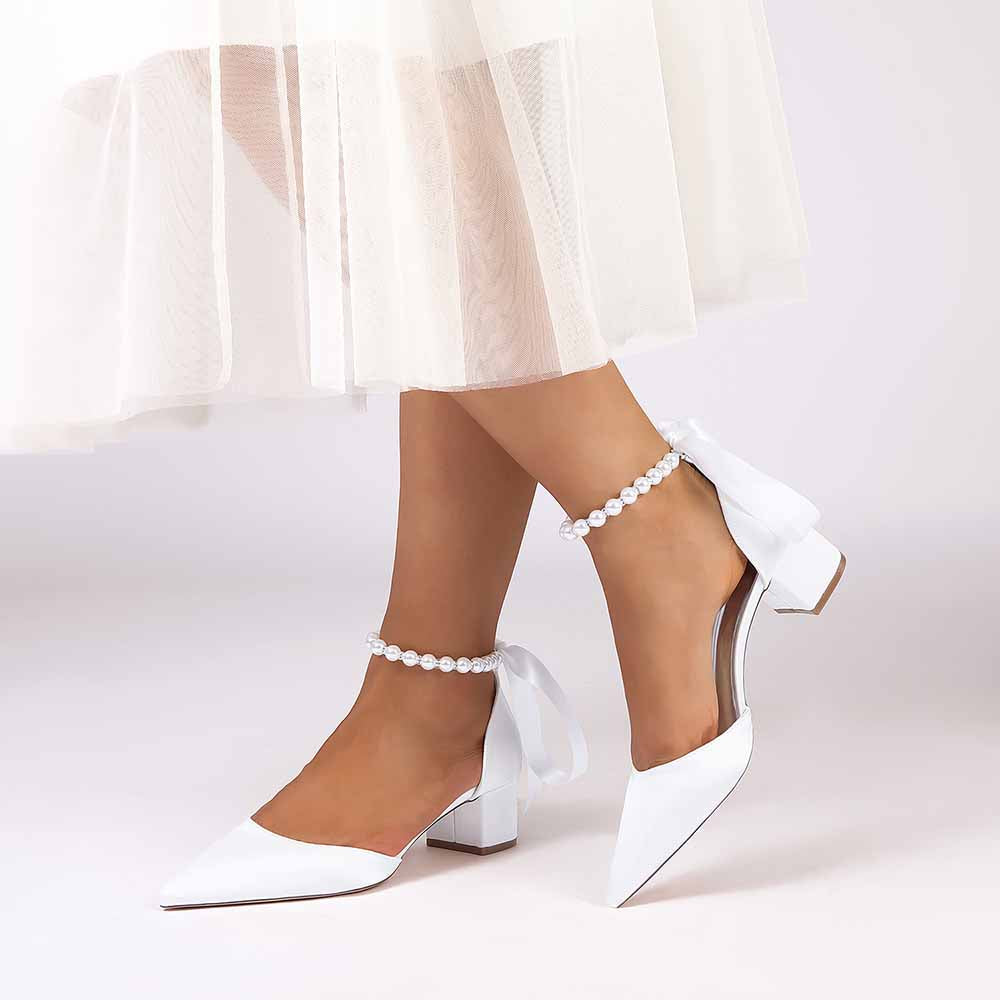 Satin Chunky Heel Closed Toe Dress Heels Lace-Up Pearls Bridal Shoes