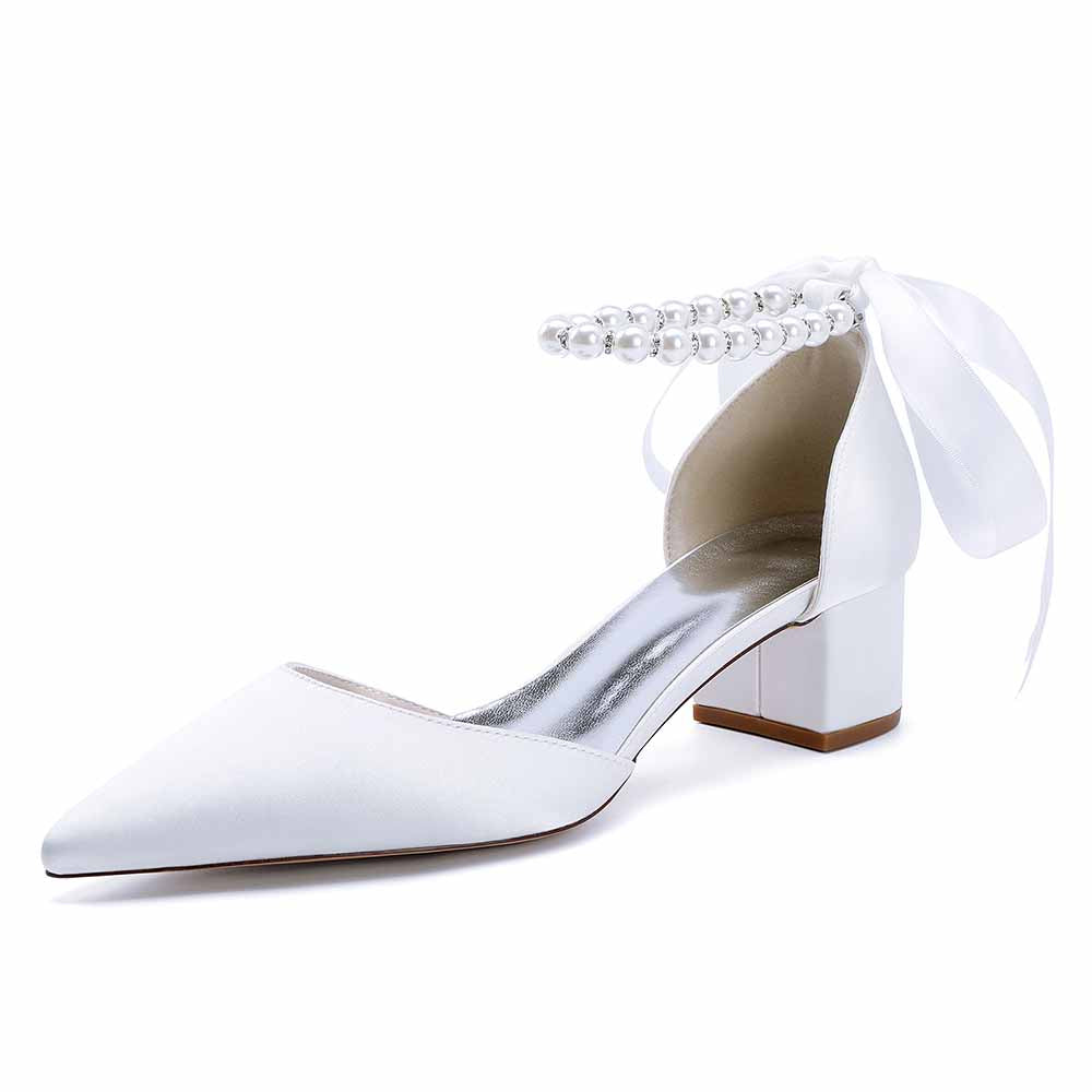 Satin Chunky Heel Closed Toe Dress Heels Lace-Up Pearls Bridal Shoes