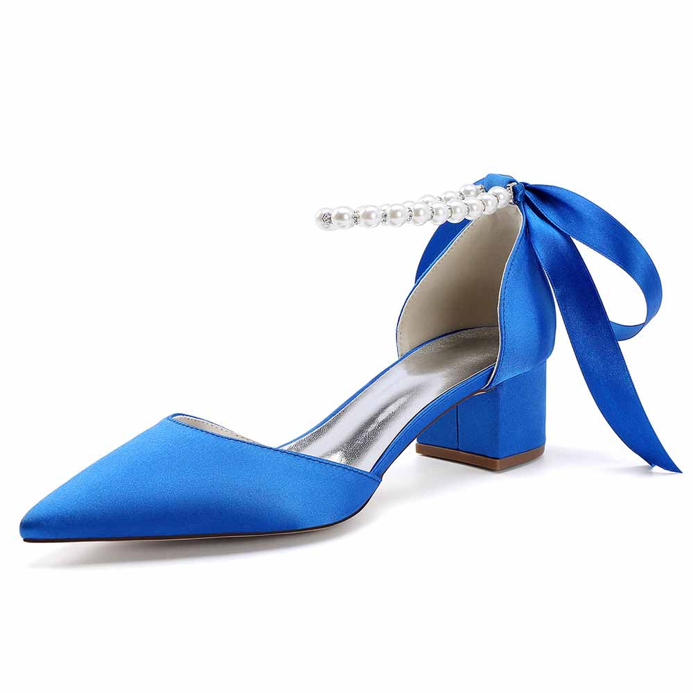 Satin Chunky Heel Closed Toe Dress Heels Lace-Up Pearls Bridal Shoes
