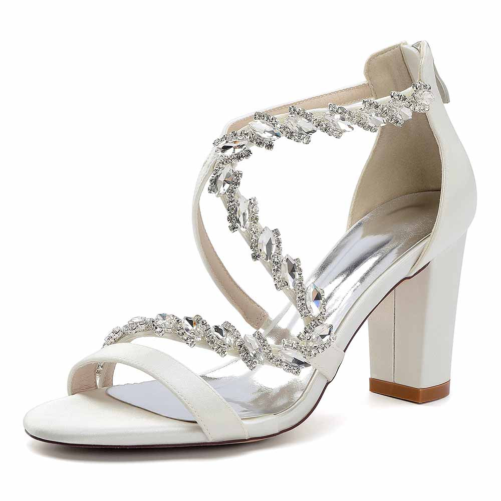 Dress Sandals Chunky Heel Dress Heels Crystal Beads Ankle Straps Wedding Shoes