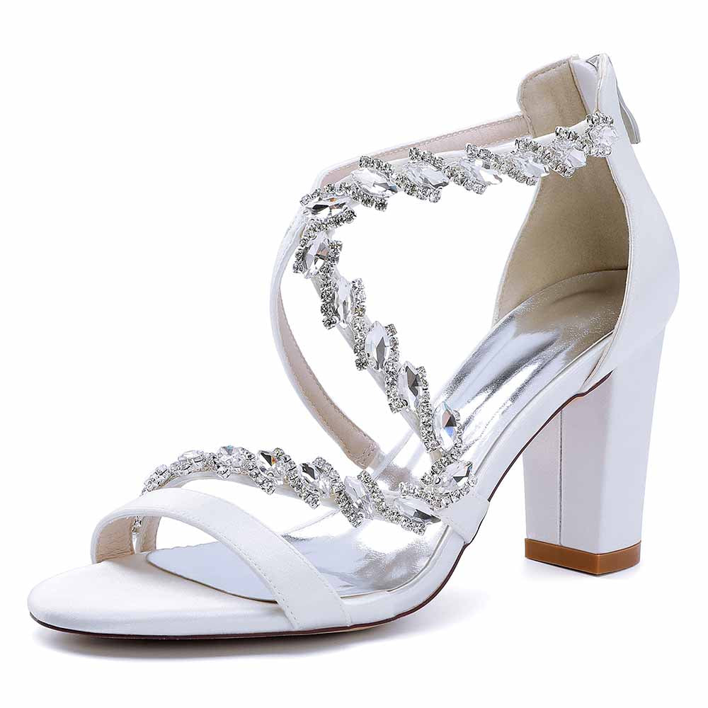 Dress Sandals Chunky Heel Dress Heels Crystal Beads Ankle Straps Wedding Shoes