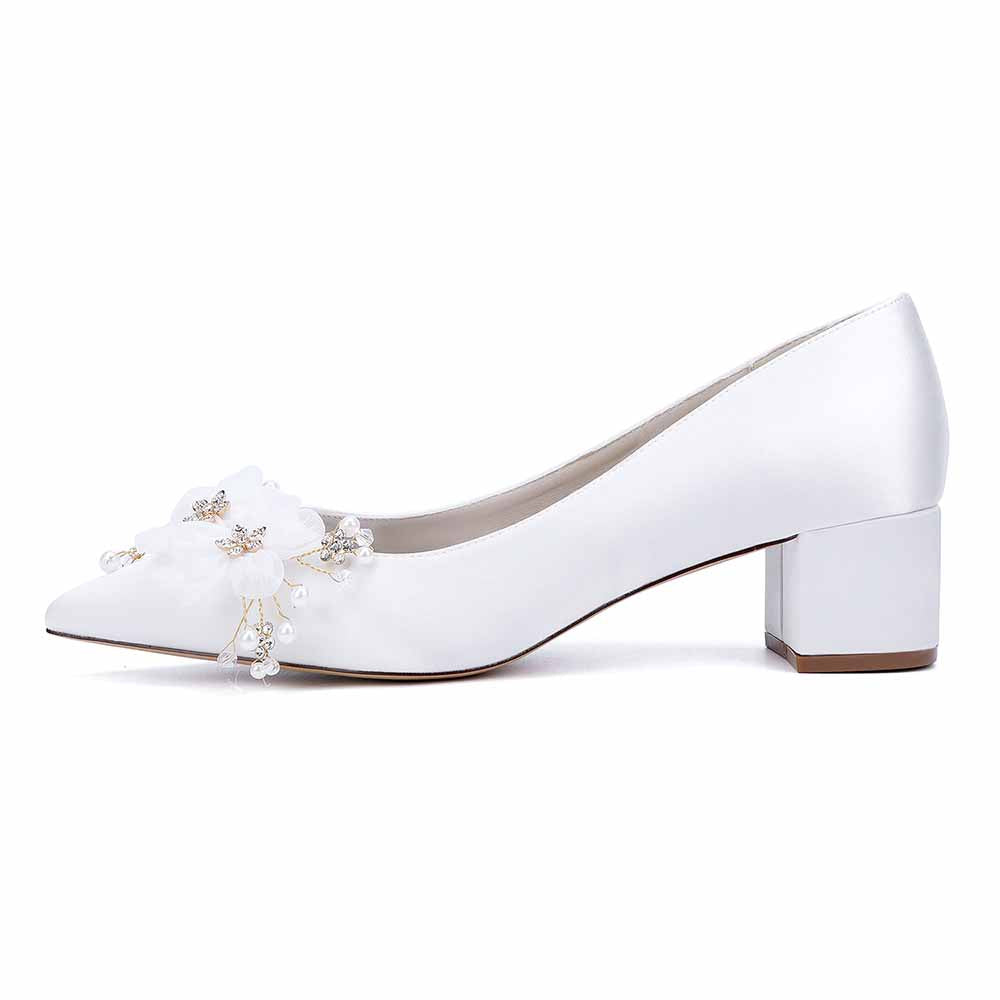 Chunky Heel Prom Heels Closed Toe Dress Heels Flower Appliques Bride Shoes