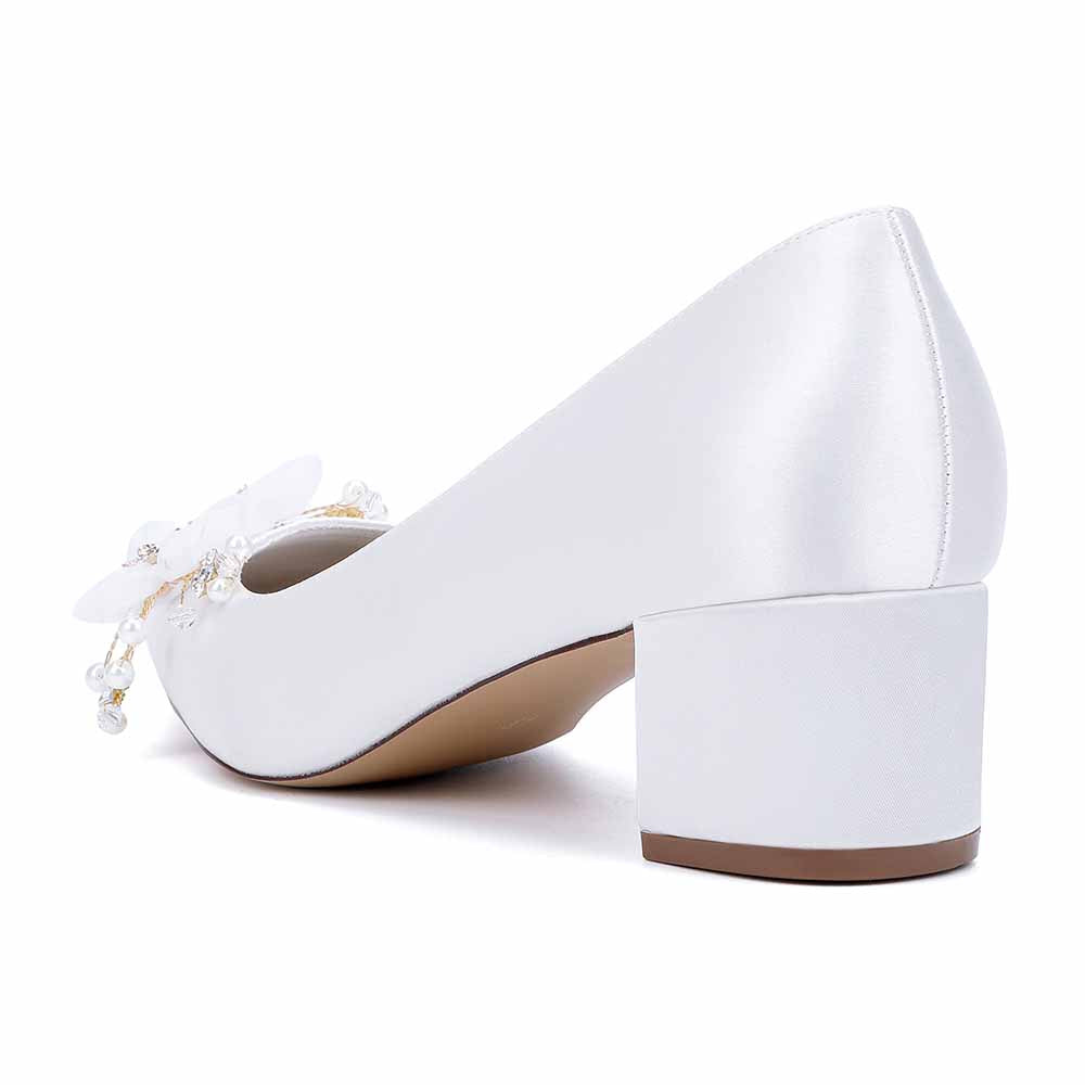 Chunky Heel Prom Heels Closed Toe Dress Heels Flower Appliques Bride Shoes