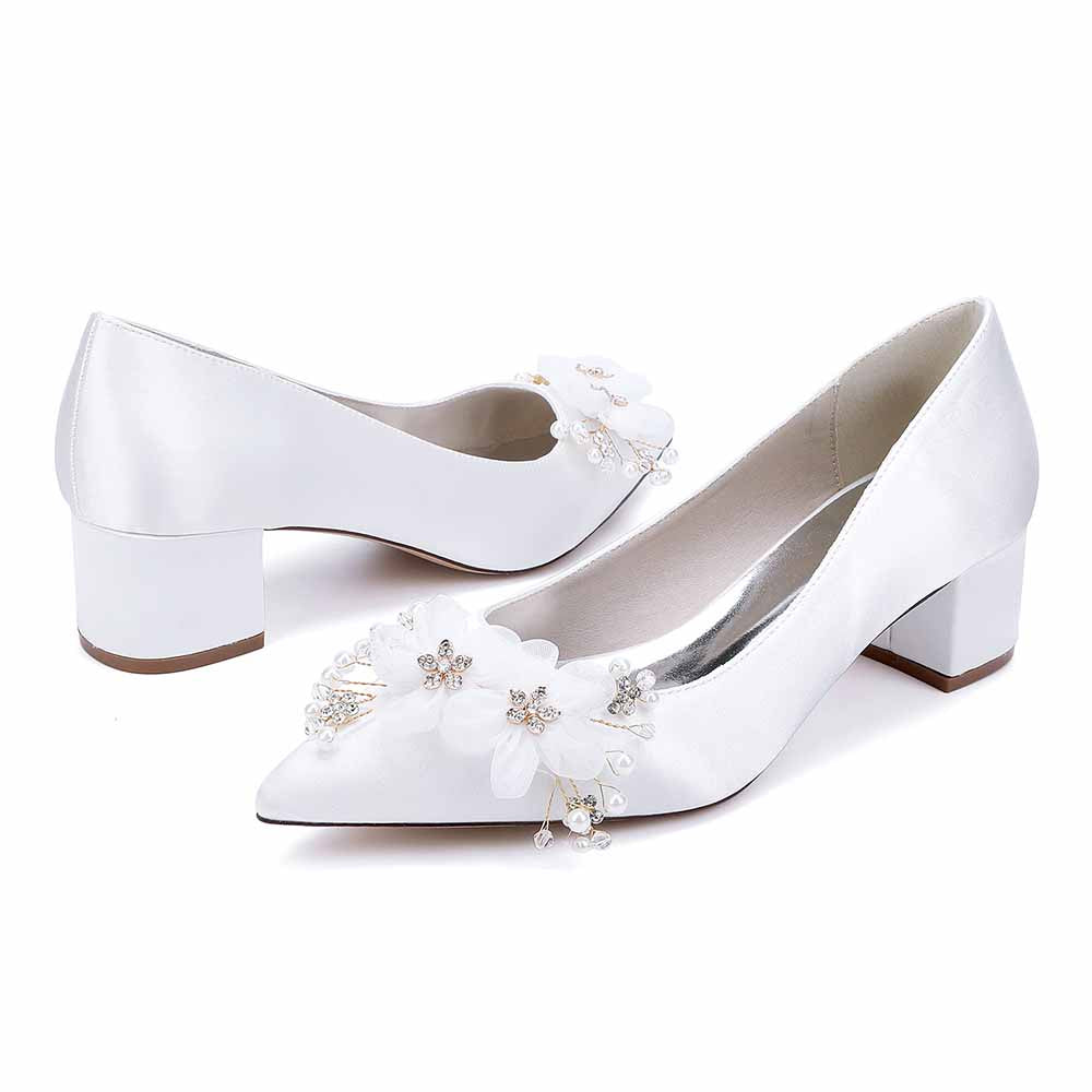 Chunky Heel Prom Heels Closed Toe Dress Heels Flower Appliques Bride Shoes