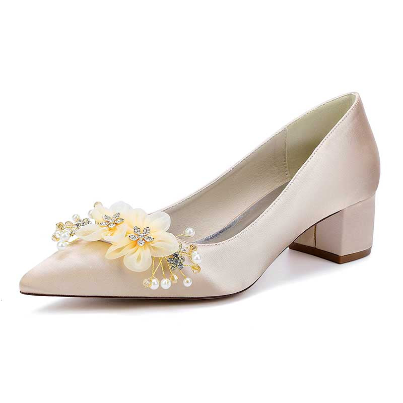 Chunky Heel Prom Heels Closed Toe Dress Heels Flower Appliques Bride Shoes