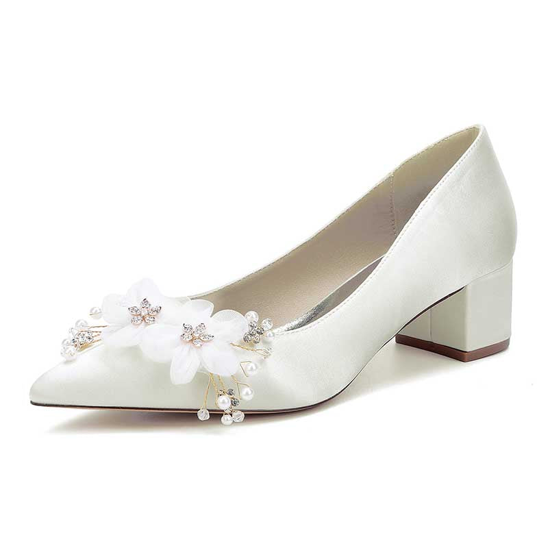 Chunky Heel Prom Heels Closed Toe Dress Heels Flower Appliques Bride Shoes