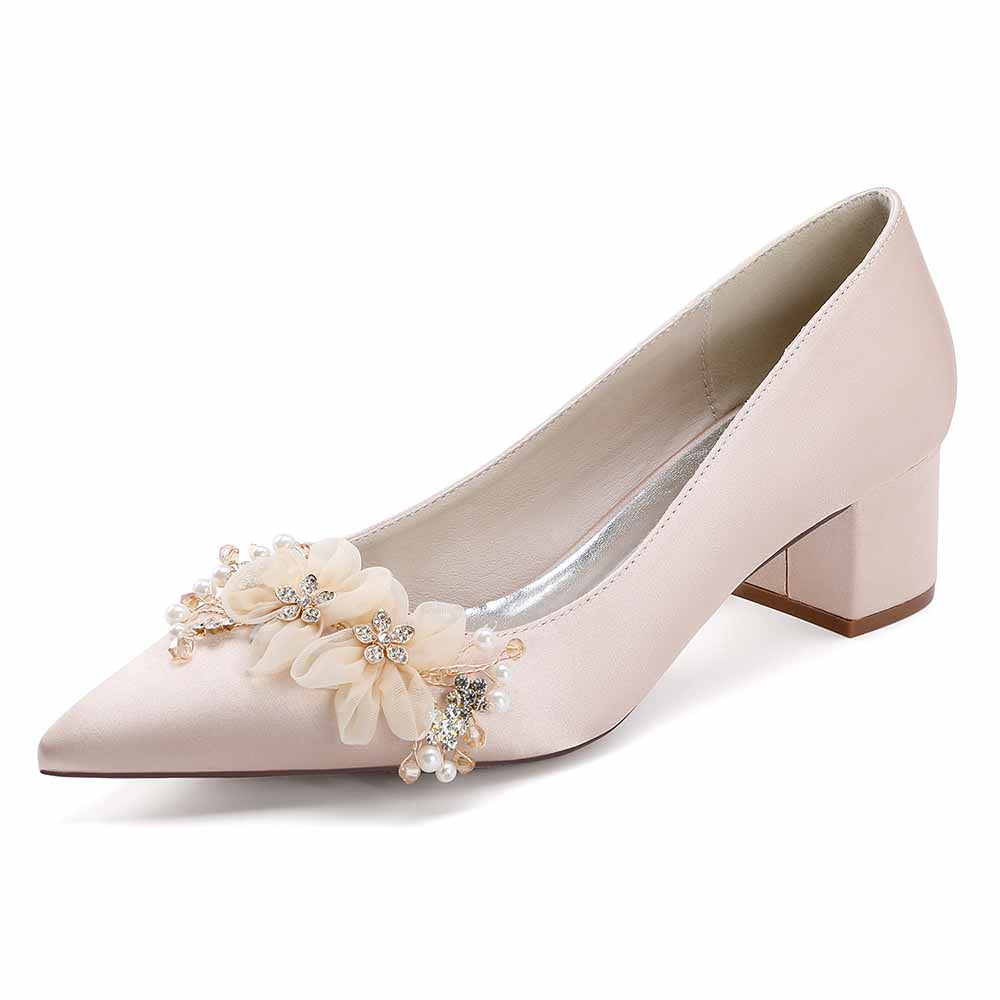 Chunky Heel Prom Heels Closed Toe Dress Heels Flower Appliques Bride Shoes