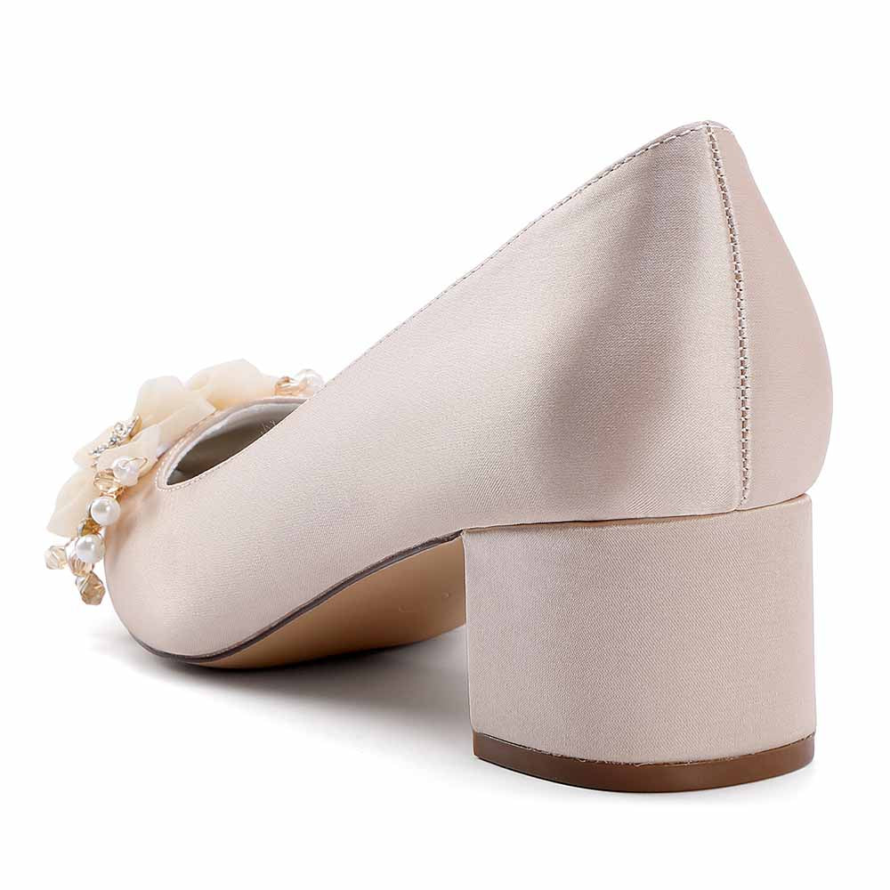 Chunky Heel Prom Heels Closed Toe Dress Heels Flower Appliques Bride Shoes