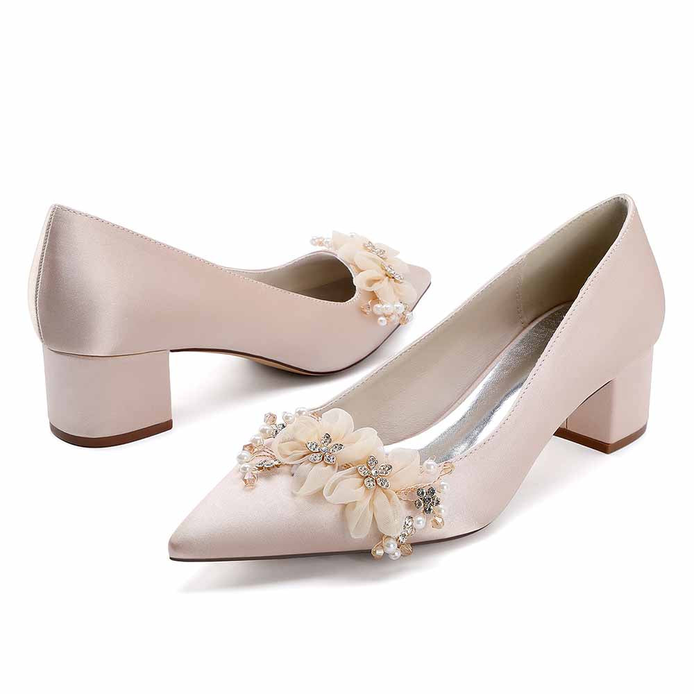 Chunky Heel Prom Heels Closed Toe Dress Heels Flower Appliques Bride Shoes