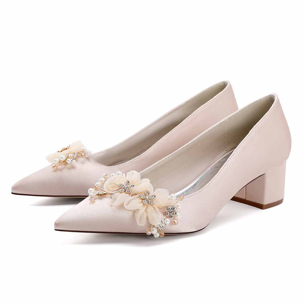 Chunky Heel Prom Heels Closed Toe Dress Heels Flower Appliques Bride Shoes