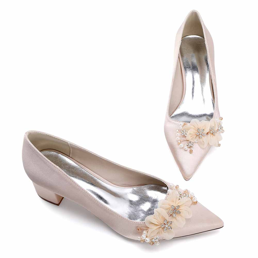 Chunky Heel Prom Heels Closed Toe Dress Heels Flower Appliques Bride Shoes