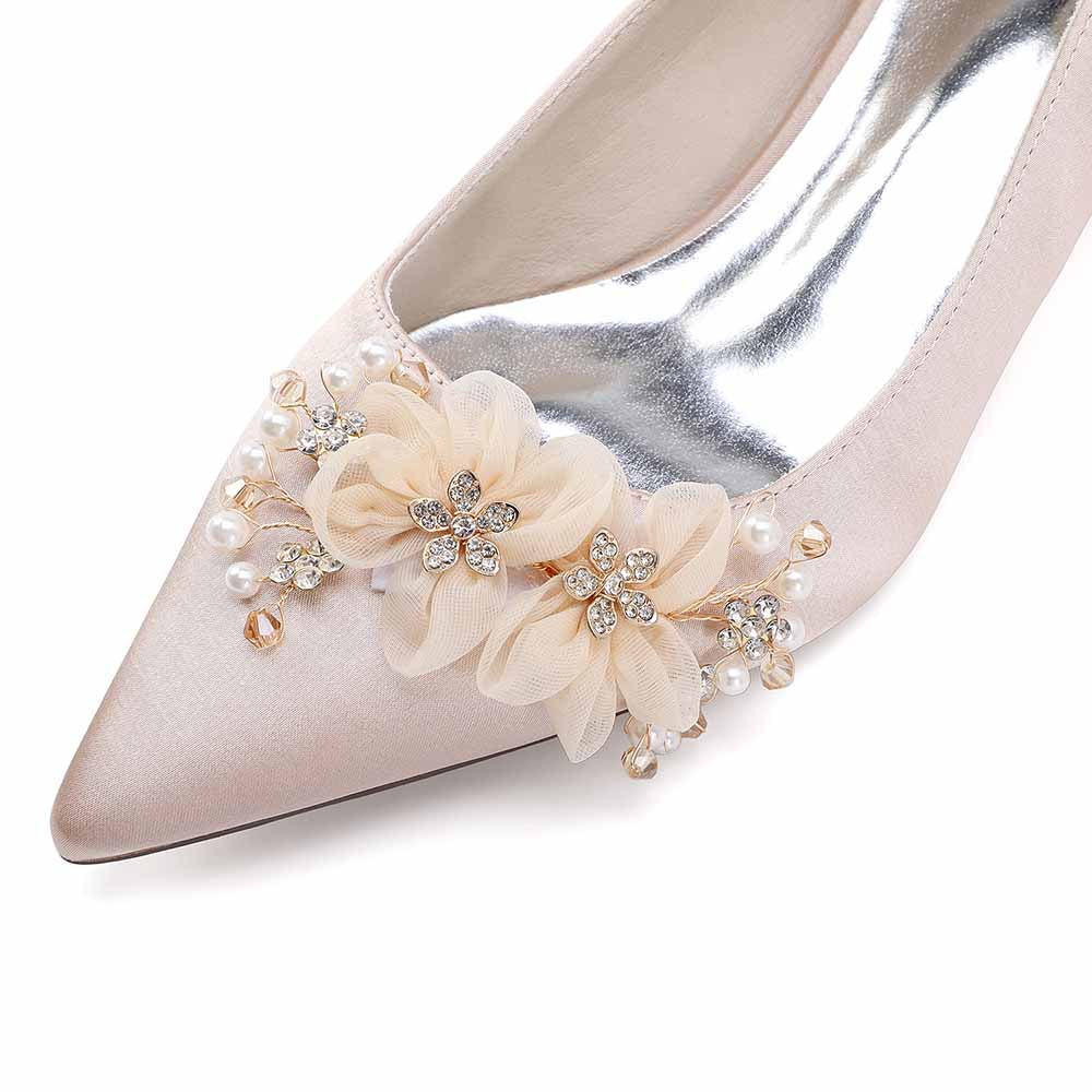 Chunky Heel Prom Heels Closed Toe Dress Heels Flower Appliques Bride Shoes