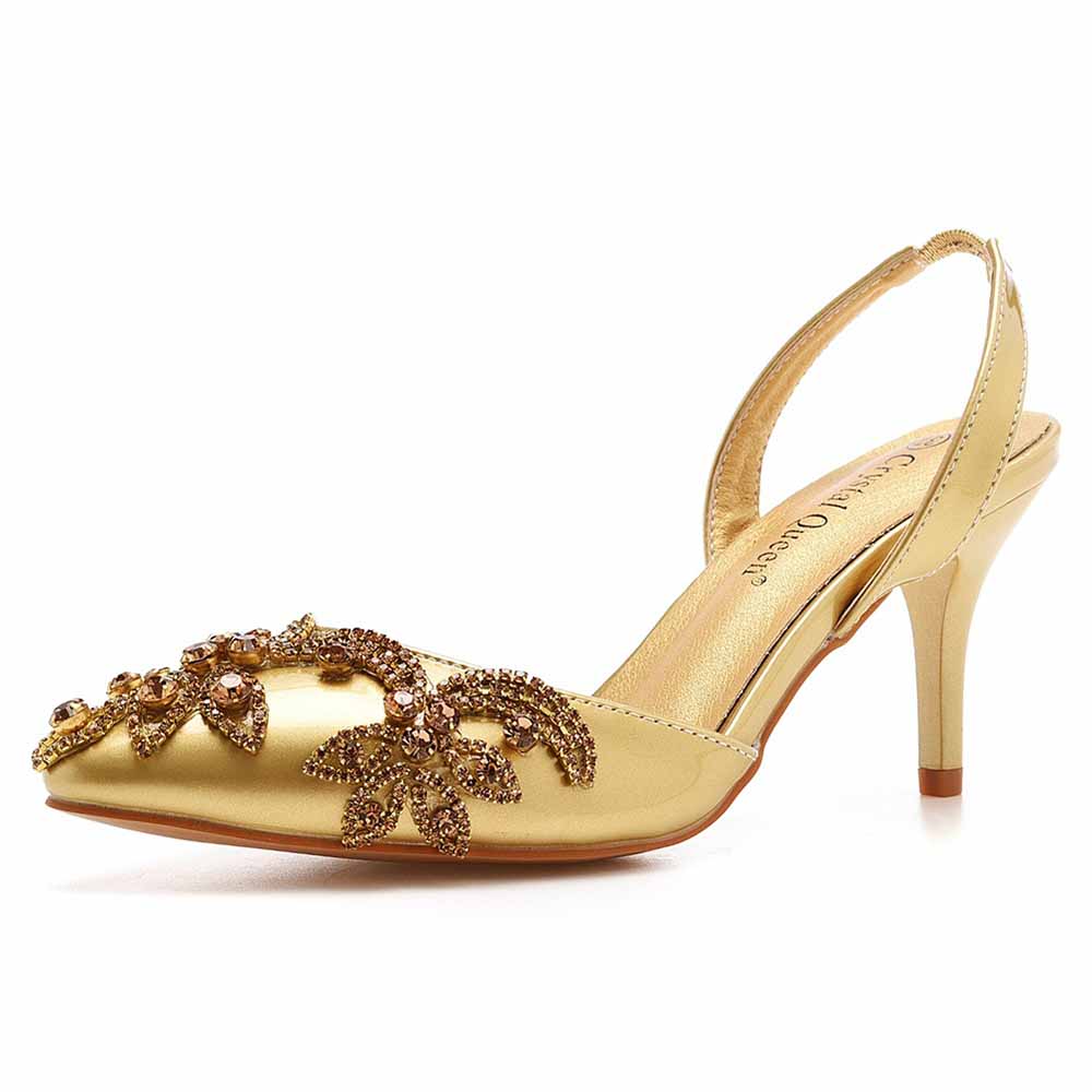 Crystal Queen bridal rhinestone pumps gold heels with floral rhinestone embellishments and slingback design