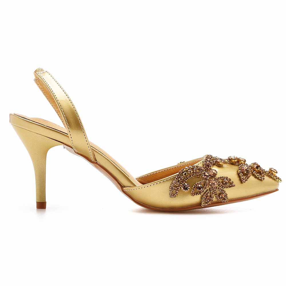 Crystal Queen gold bridal rhinestone pumps with decorated pointed toe and slingback heel