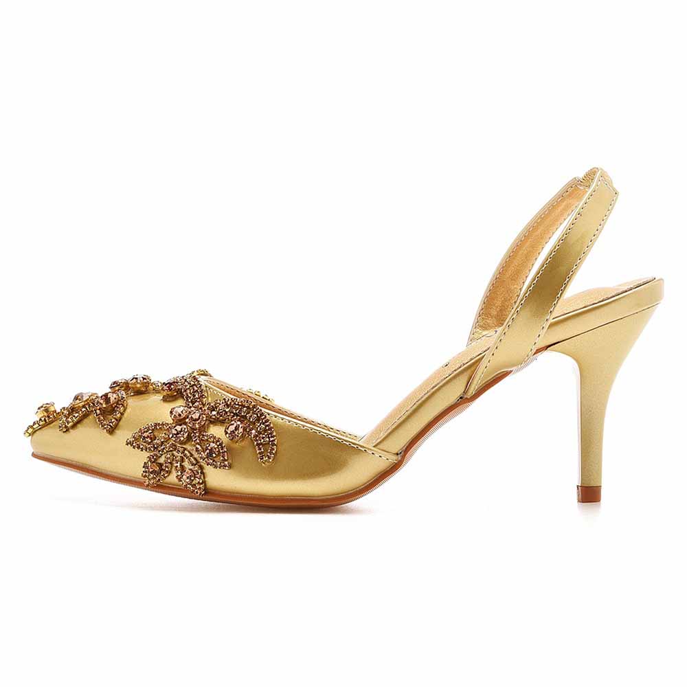 Crystal Queen gold heels bridal rhinestone pumps with pointed toe and floral rhinestone embellishments