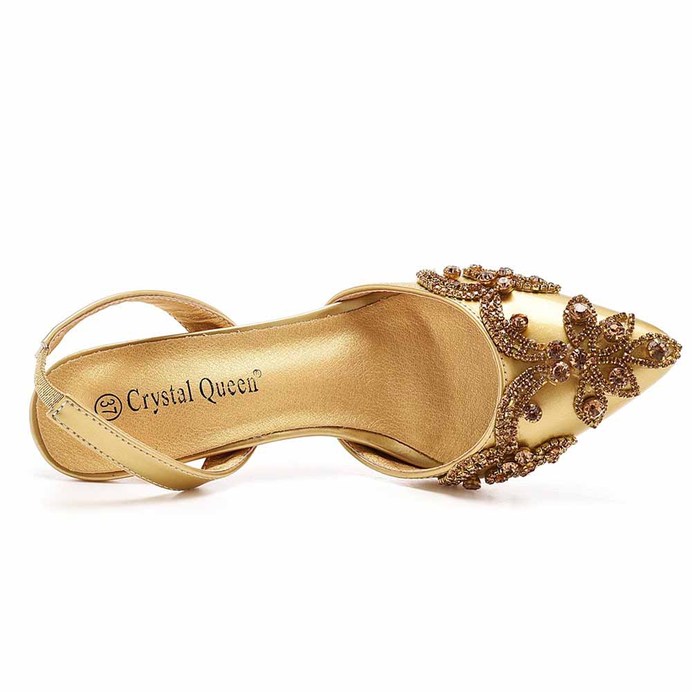 Crystal Queen bridal rhinestone pumps in gold with pointed toe and decorative rhinestone detailing