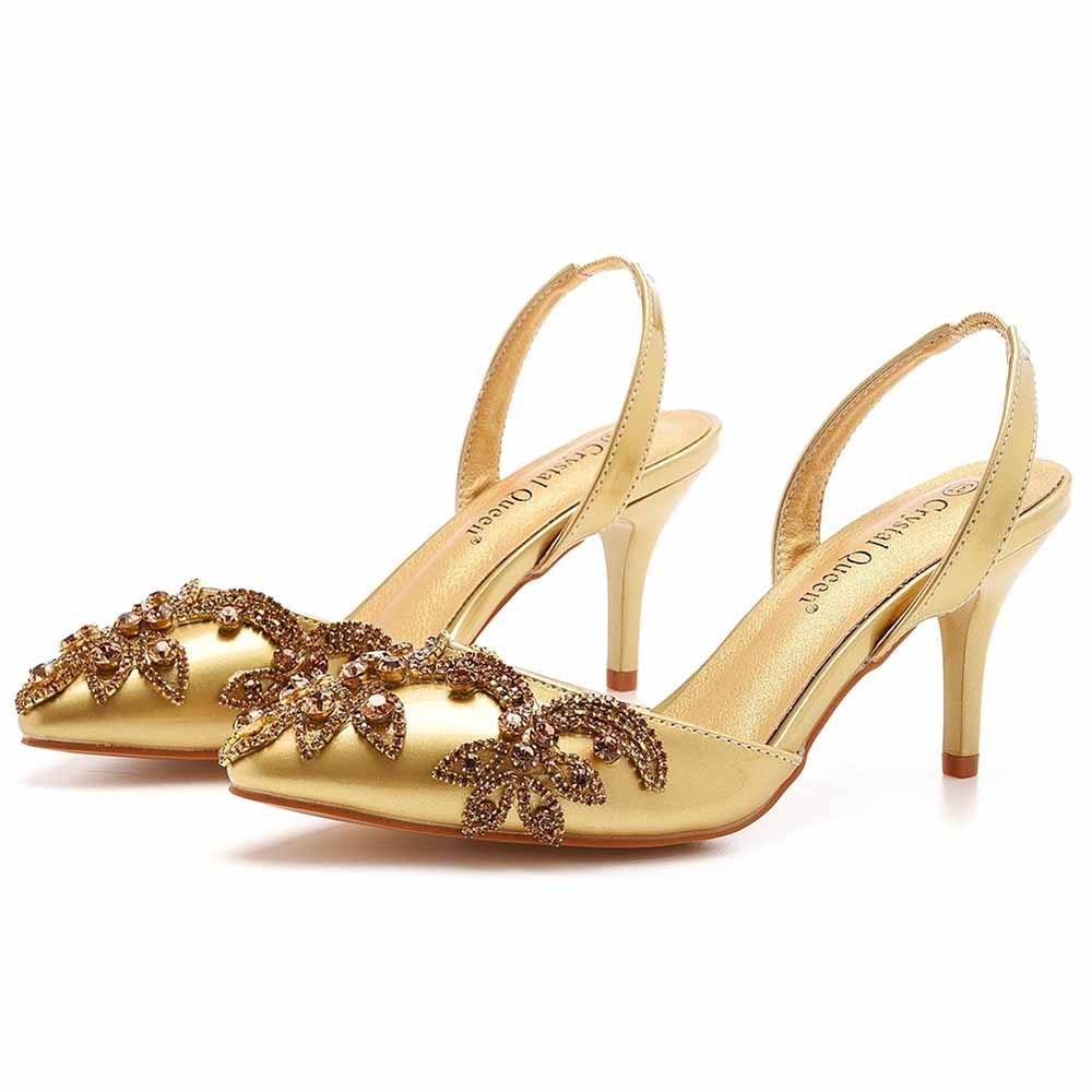 Crystal Queen gold bridal rhinestone pumps with pointed toe and slingback heel embellished with intricate rhinestones