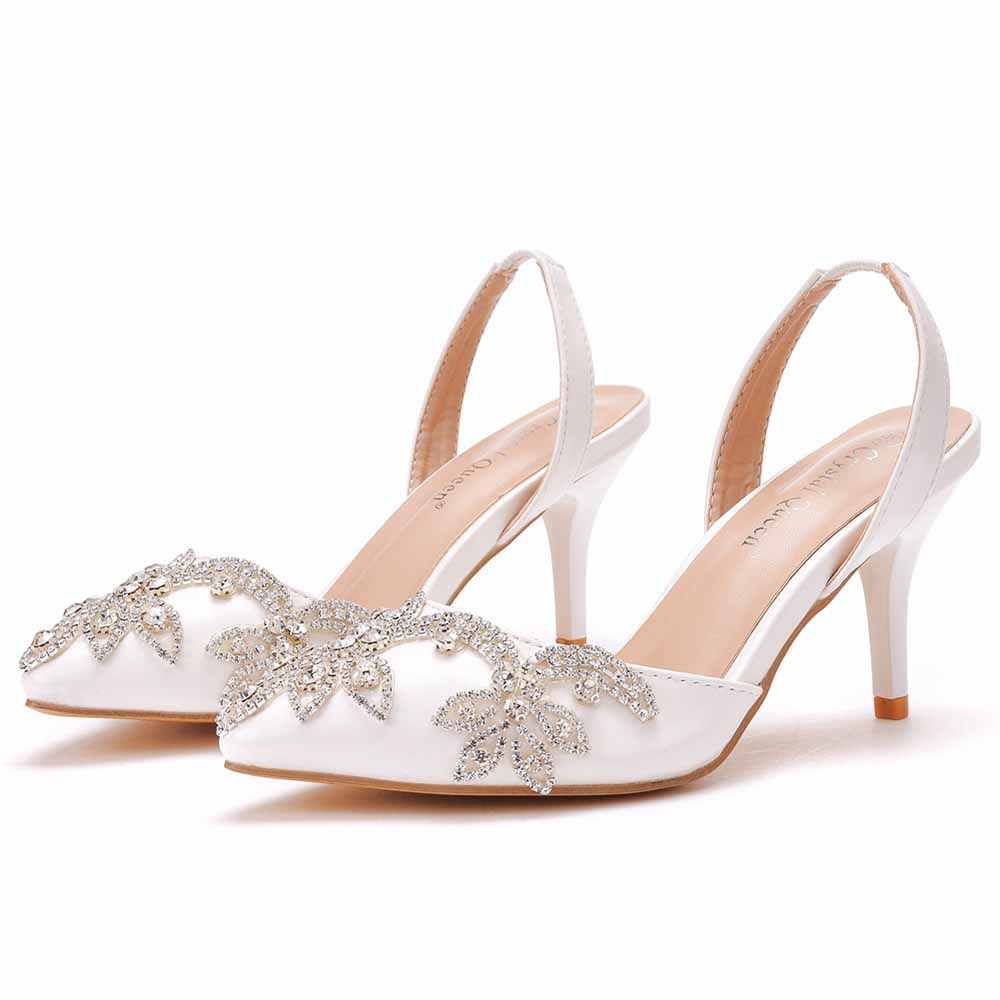 Crystal Queen bridal rhinestone pumps white satin heels with floral rhinestone decoration
