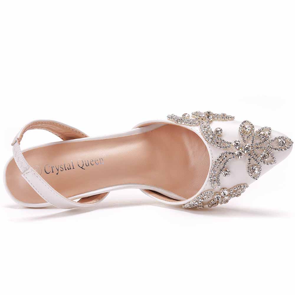 Crystal Queen white bridal rhinestone pumps with pointed toe and sparkling rhinestone embellishments