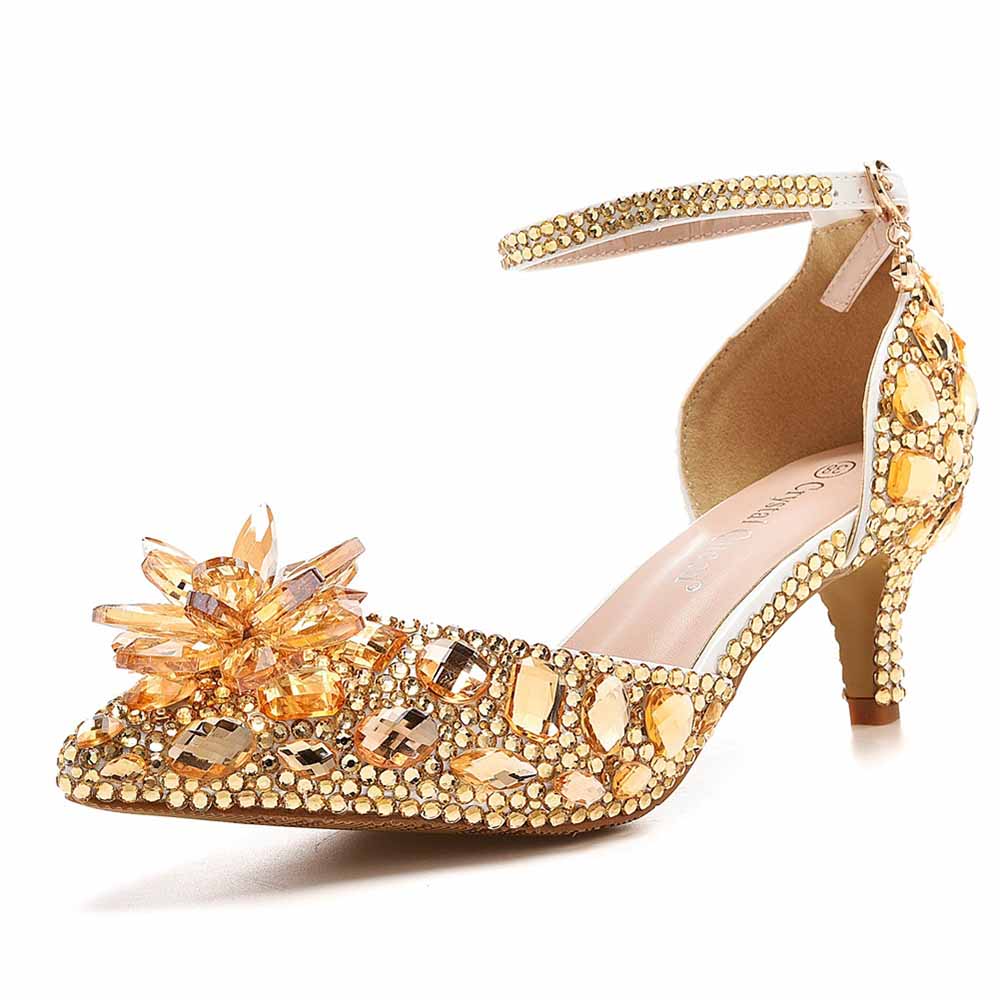Crystal Queen crystal embellished low heels with gold and amber gem detailing and ankle strap