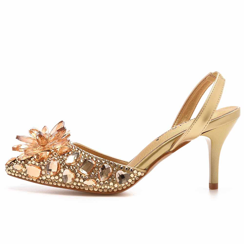 Crystal Queen gold crystal embellished low heels with decorative flower and slingback design