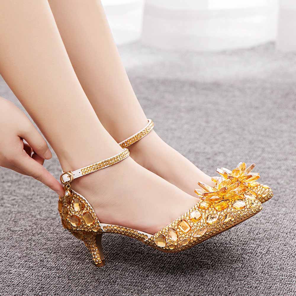 Crystal Queen gold crystal embellished low heels with ankle strap and decorative gems
