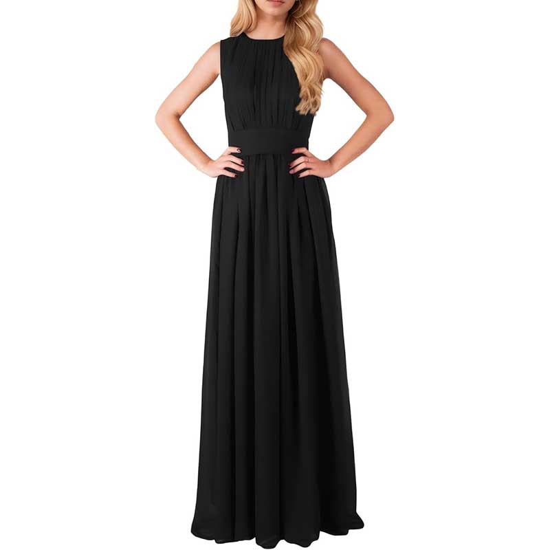 Black custom long chiffon bridesmaid dress sleeveless with pleated bodice and floor-length skirt