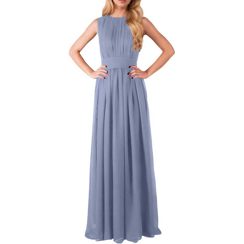 Elegant custom long chiffon bridesmaid dress in soft blue with pleated bodice and flowing skirt