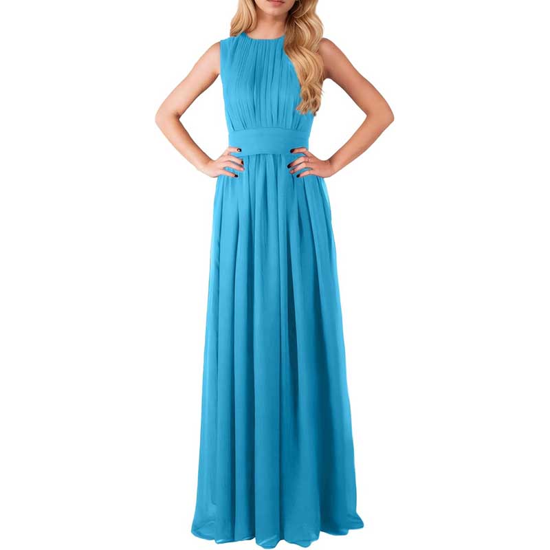 Blue custom long chiffon bridesmaid dress with sleeveless fitted bodice and flowing skirt