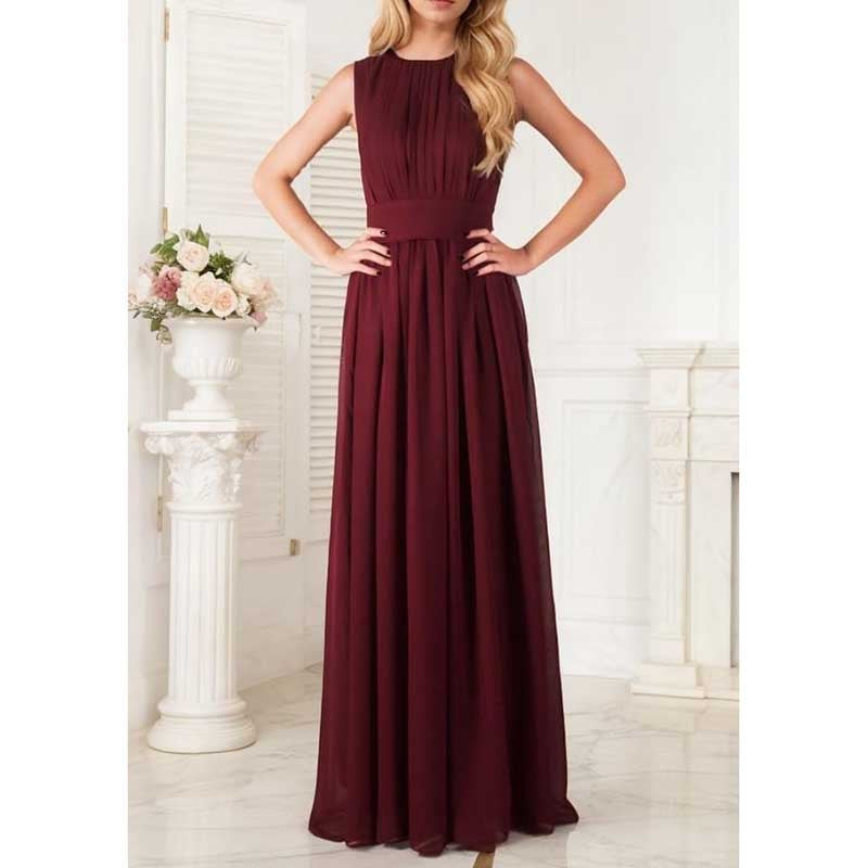 Elegant custom long chiffon bridesmaid dress in deep burgundy with sleeveless design and pleated bodice
