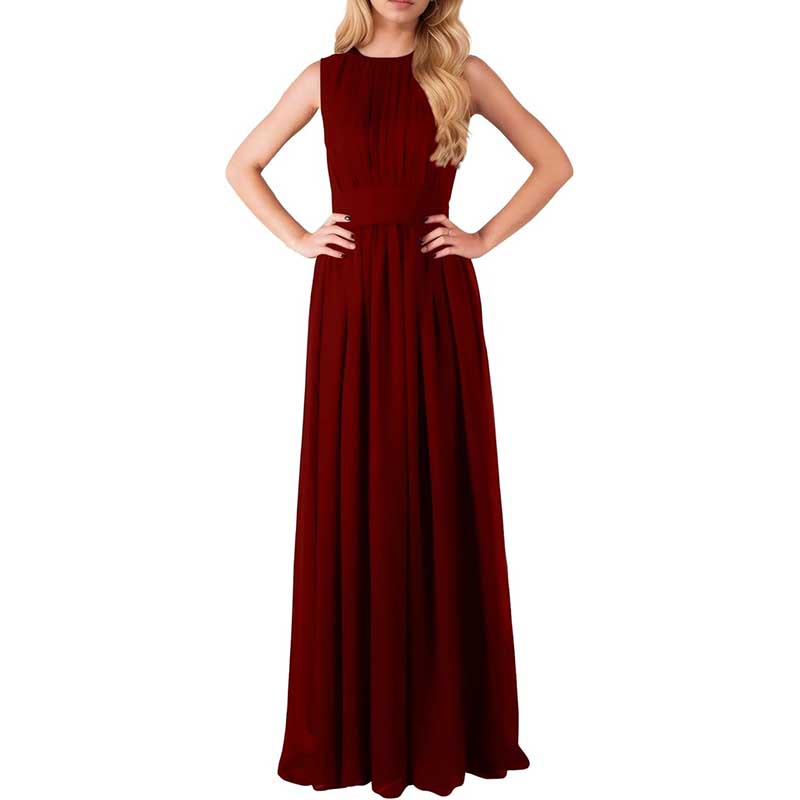 Elegant custom long chiffon bridesmaid dress in deep red sleeveless design with flowing skirt