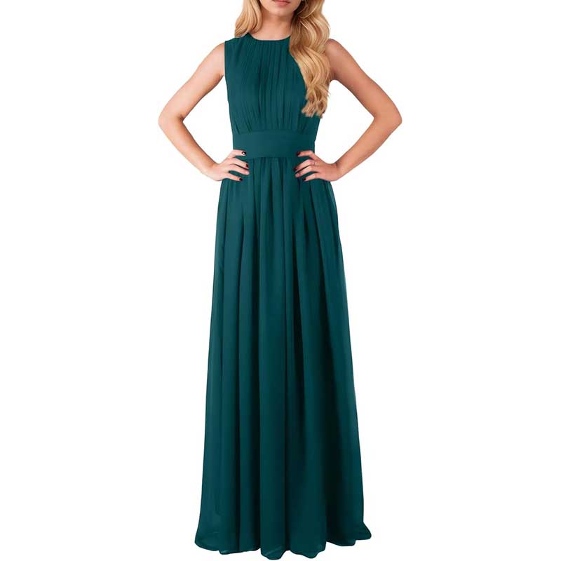 Elegant custom long chiffon bridesmaid dress in dark green with pleated bodice and floor-length skirt