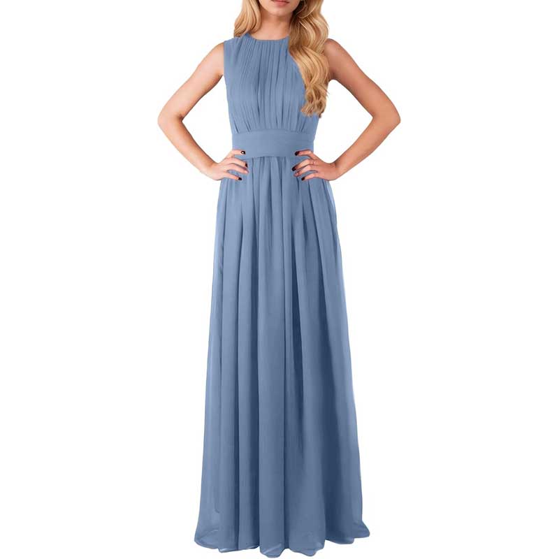 Blue custom long chiffon bridesmaid dress with sleeveless design and pleated bodice
